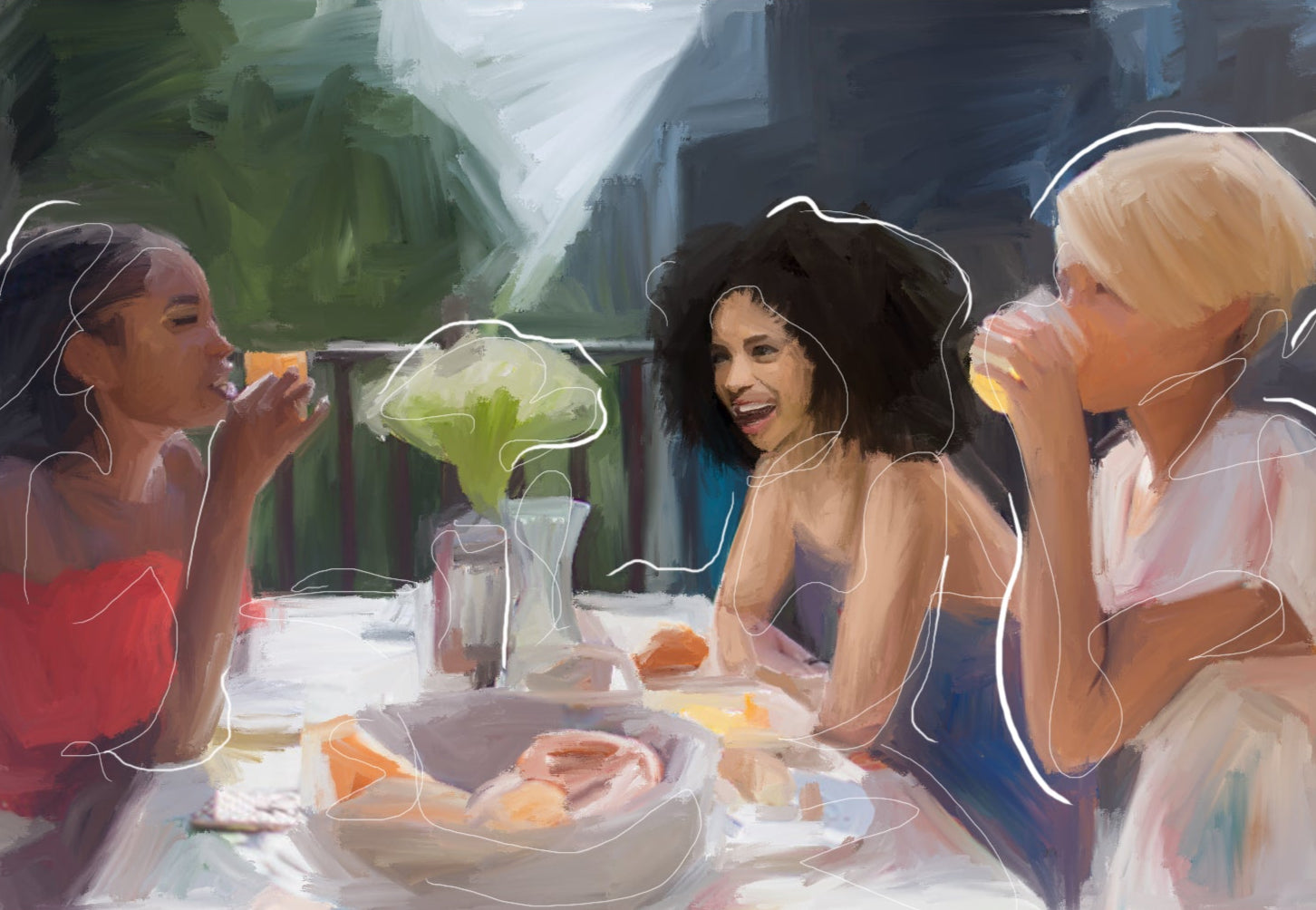 Three women sitting at a table outdoors, drinking and eating.