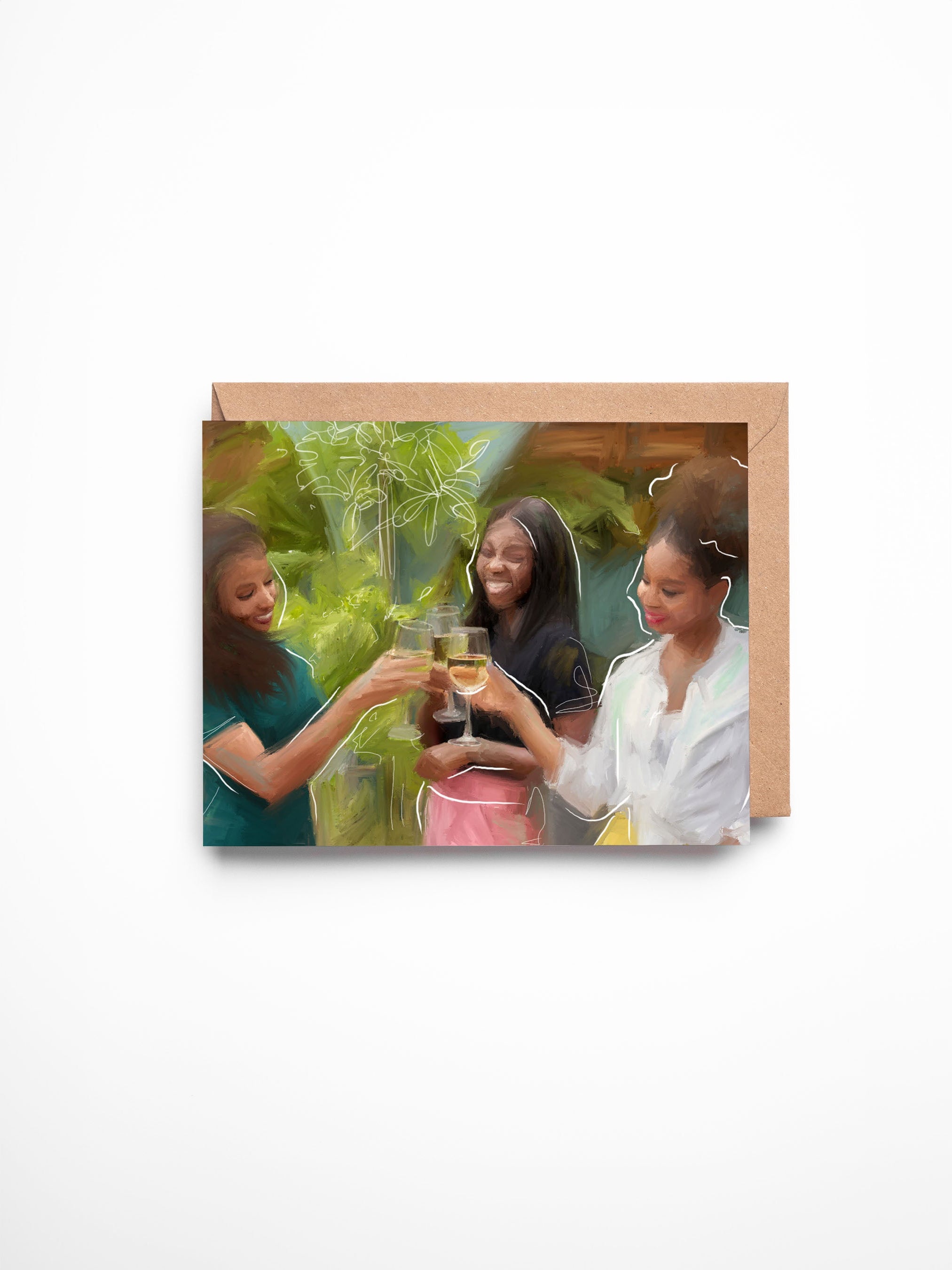 Greeting card with a printed image of two people toasting on a colorful background