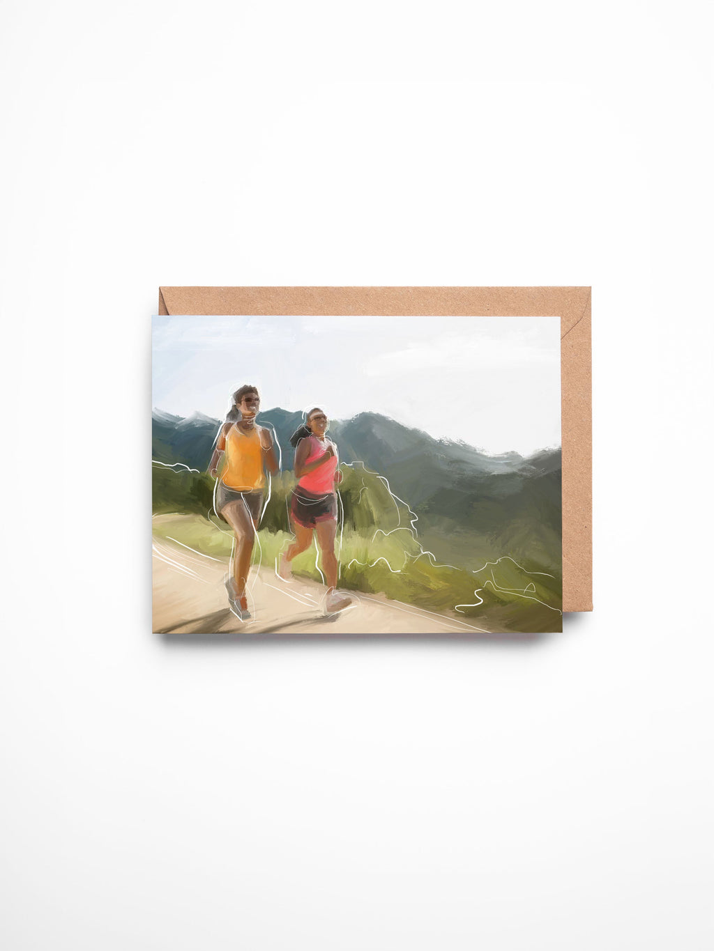 Greeting card with a scenic illustration of two people on a mountain path.