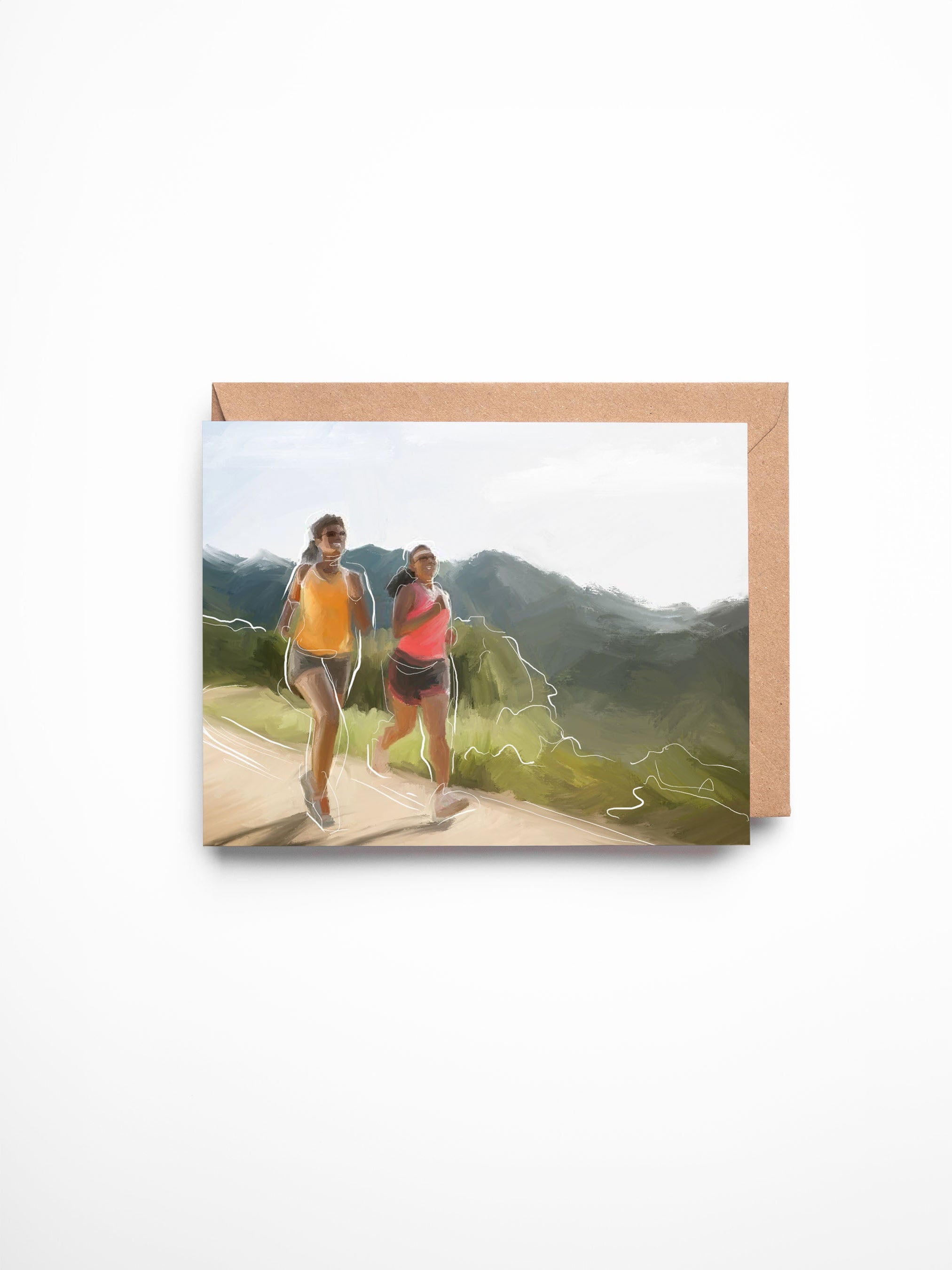 Greeting card with a scenic illustration of two people on a mountain path.