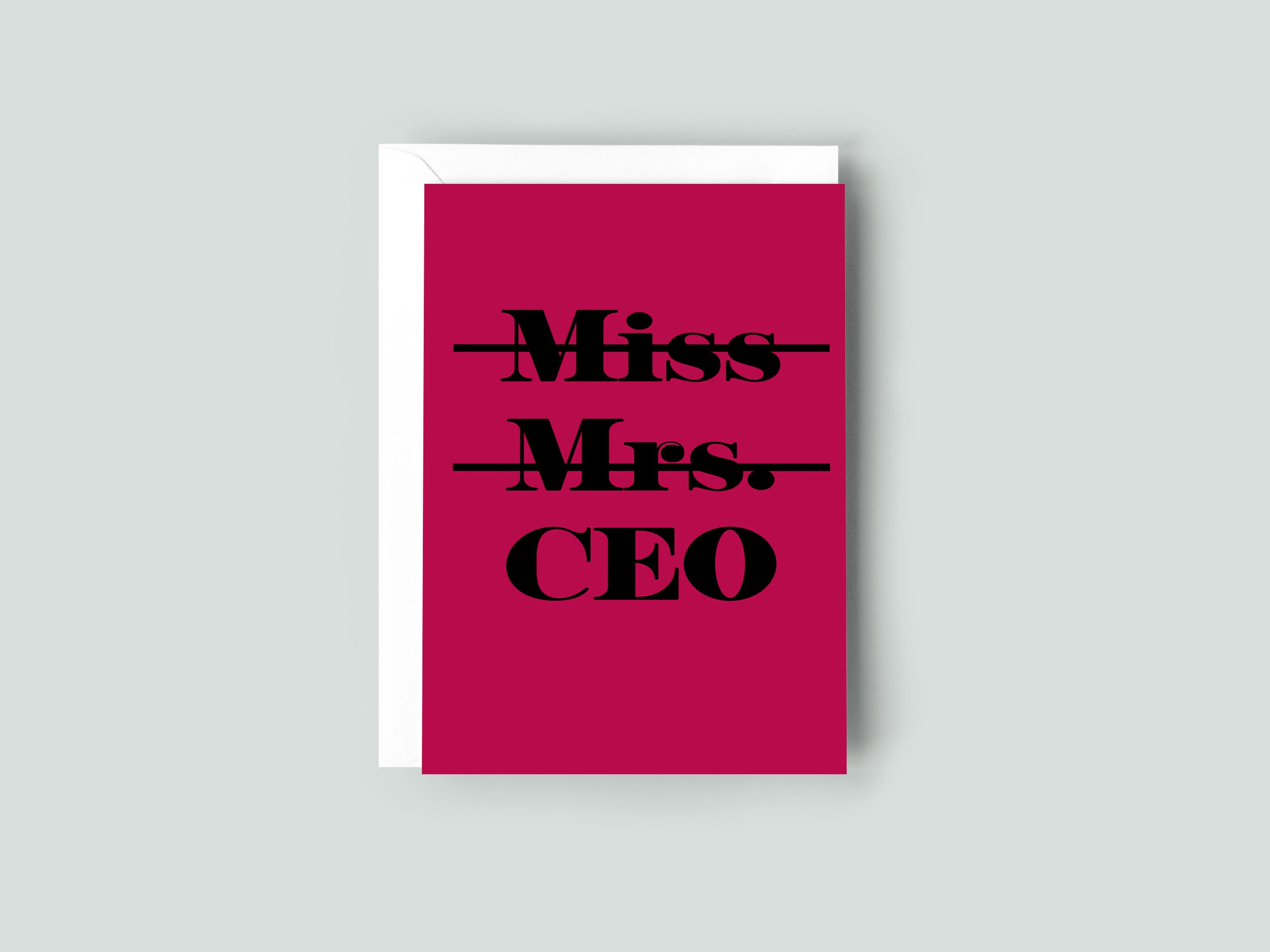 Red card with 'Miss Mrs. CEO' text on a gray background