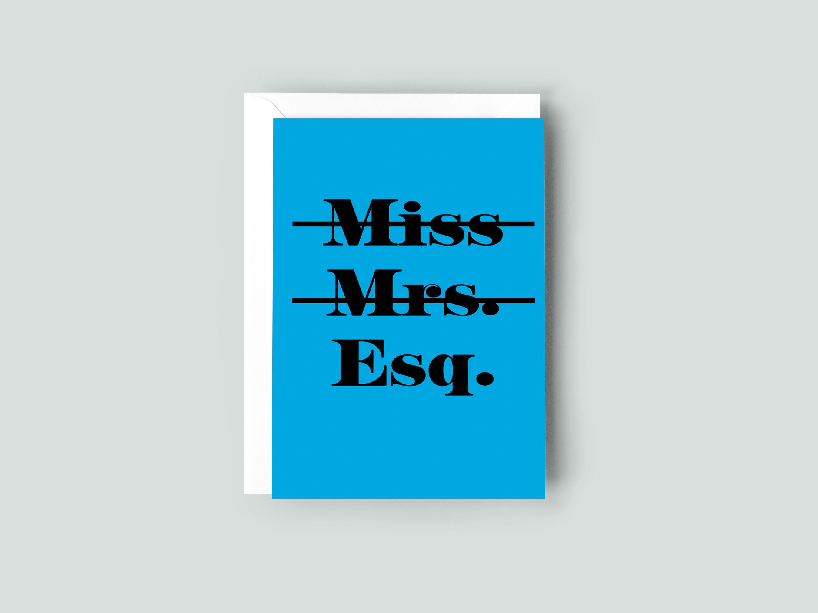 Blue card with black text 'Miss Mrs. Esq.' on a gray background
