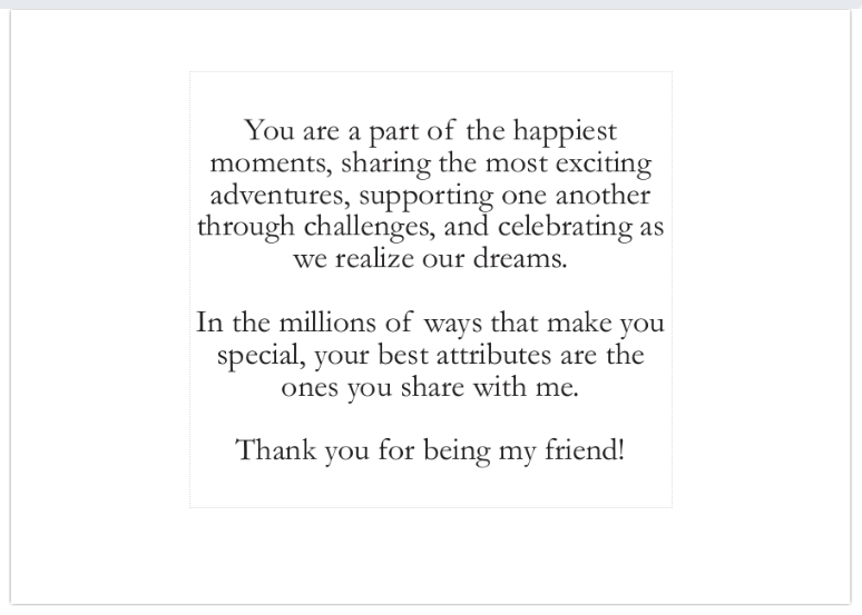 Text message expressing gratitude for a friend's support and shared experiences on a white background