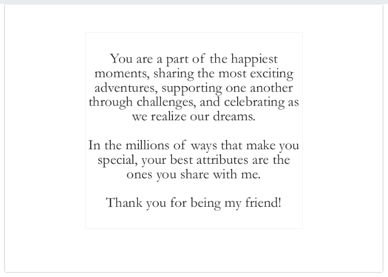 Text message expressing gratitude for a friend's support and shared experiences on a white background